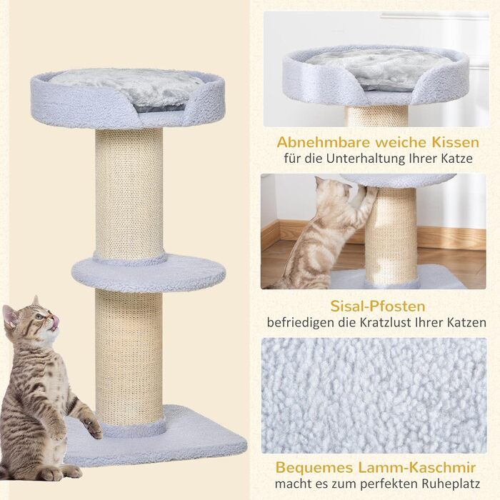 PawHut Cat Tree Small 91 cm Cat Tree with Cat Bed, Cat Scratching Post Play Tree Scratching Post with Platform for Cats up to 5 kg Sisal Lambswool Light Blue