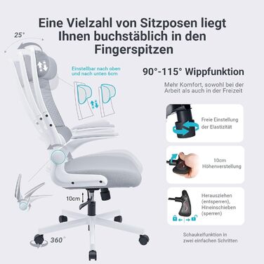 Ергономічне крісло для офісу з регульованою підголовником, сітчасте крісло для столу, відкидні підлокітники, широке сидіння, функція гойдання, комп'ютерне крісло EN 1335, офісне крісло 200 KG, сіре