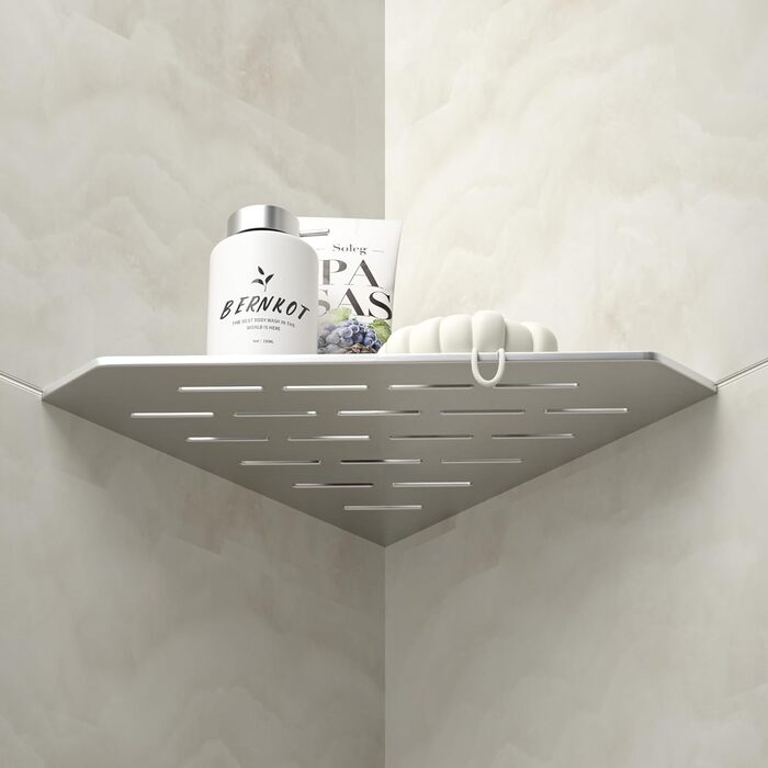 Bernkot Corner Shower Shelf 254mm Matt Black 304 Stainless Steel Pentagonal Corner Shelf Recessed Bathroom Storage Shampoo Holder Organizer Kitchen Shelf Rack, No Drilling, Silver Brushed, 2 Pieces