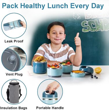 Ланчбокс Lille Home з нержавіючої сталі 1.43л, 3-рівневий, ізольований, без BPA, для їжі на виніс, підходить для жінок та чоловіків (блакитний)