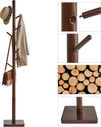 YMYNY Solid Wood Wardrobe Rack, Freestanding Clothes Rack with 8 Hooks, Thickened with 3 Adjustable Heights, for Bag, Clothing, Living Room, Natural Color HCR002N (Brown, Square Base)