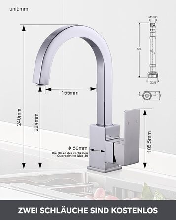 Кран кухонний поворотний 360° з нержавіючої сталі, високий тиск, для кухні, автодому, ванної кімнати (B Chrome)
