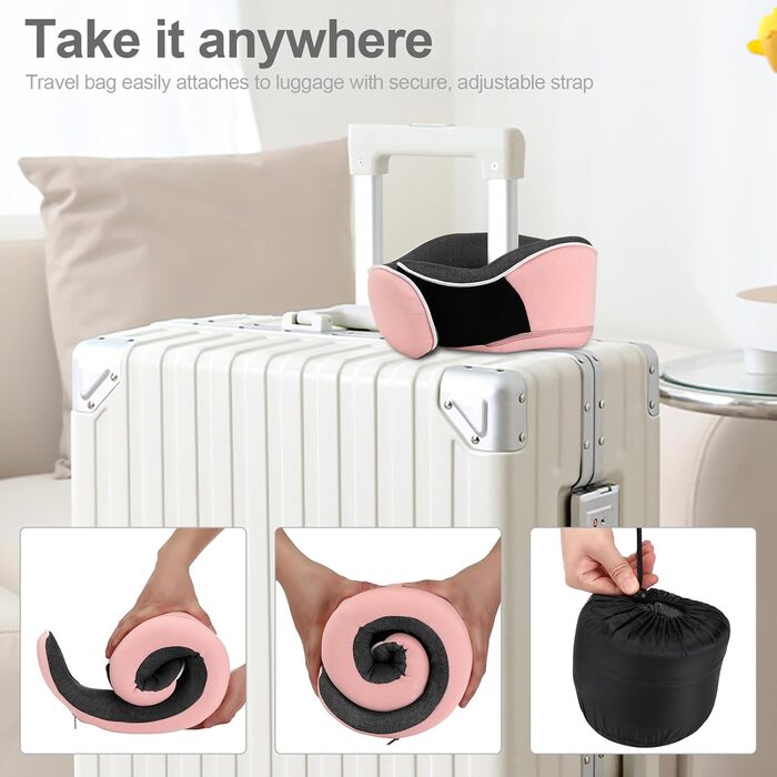 Подушка для шиї з Memory Foam, комплект з маскою для очей, навушниками та чохлом, ергономічна, для подорожей (рожева)