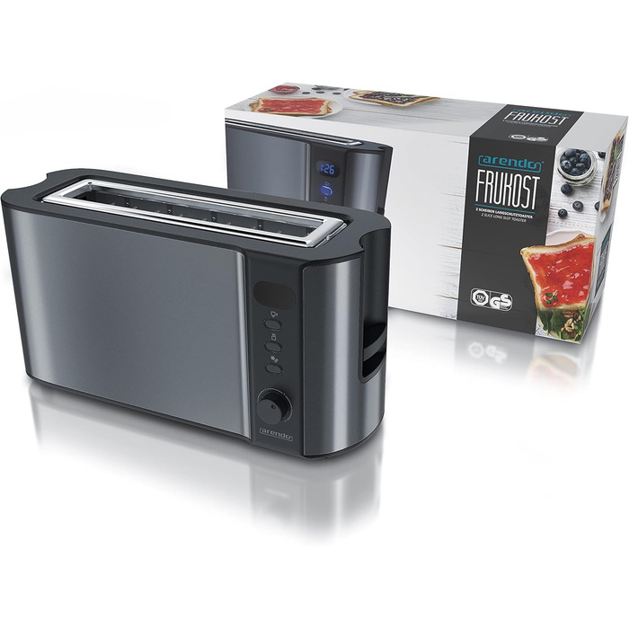 Arendo 2-Slice Toaster with Roll Holder - Long Slot Toaster - LCD Display with Remaining Time Display, Defrost Function, Bread Centering, Crumb Tray - Material Stainless Steel, Cool Grey A: Cool Grey