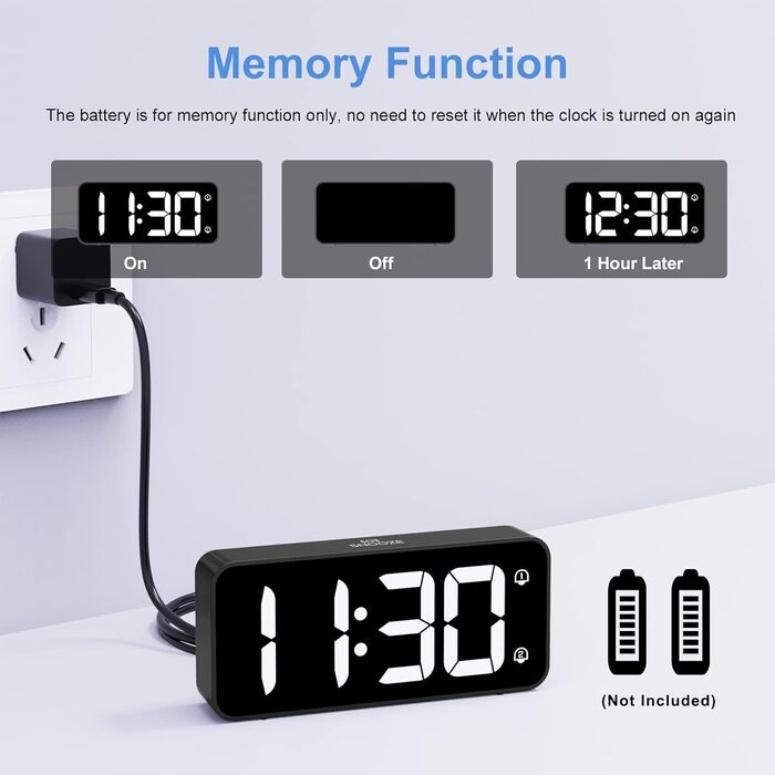 LED-годинник LATEC з двома будильниками, USB-порт для зарядки, регулювання яскравості, гучність 90-120 дБ, 8 мелодій, 12/24 год, чорний