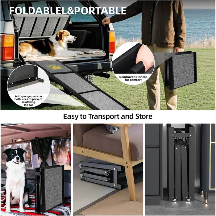Рампа для собак у машину, розкладна, 170 см, з антиковзким покриттям, для маленьких, середніх та великих собак. Підходить для авто, SUV, вантажівки, дивану та ліжка.