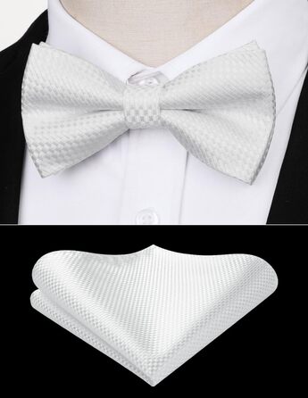 Краватка-метелик чоловіча Enlision з кишеньковим хустинкою - комплект для весілля, свят, до костюма. Білий колір.