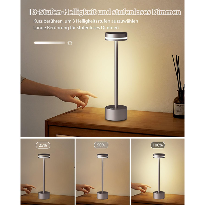 LED настільна лампа з акумулятором, бездротова, з торшером, сенсорне керування, алюмінієвий корпус, 3 режими димування, 4000mAh, 3000K, для обіднього столу, вітальні (срібна)