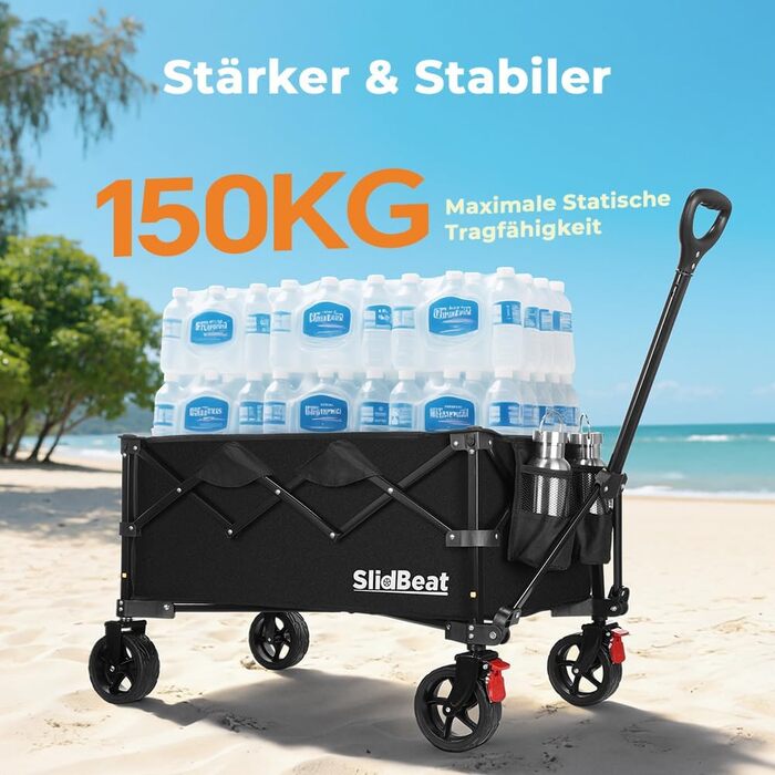 Візок складний SLIDBEAT Bollerwagen 150л, 150кг, чорний XL: для кемпінгу, покупок, саду, пляжу. Гальма, регульована ручка, тримач для напоїв.