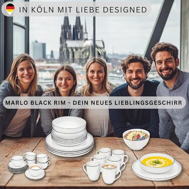 Sänger | 12-Piece Marlo Black Rim Tea/Coffee Set with Saucers, Coffee Cups for 6 People, Porcelain Coffee Set, Coffee Cup with Saucer, White with Black Accents, 200 ml | PREMIUM COLLECTION
