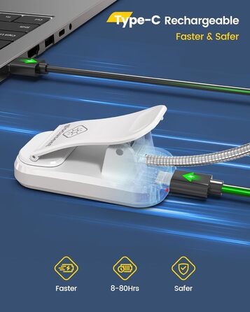 LED лампа для читання Glocusent з кліпсою, перезарядна, 10 світлодіодів, 3 кольори та 3 рівні яскравості, до 80 годин роботи, гнучка на 360°, для читання, білий колір