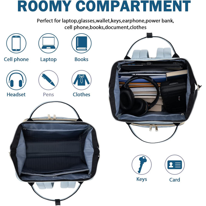 Жіночий рюкзак EMPSIGN з відділенням для ноутбука 17 дюймів. Стильний рюкзак для навчання, роботи, подорожей. Чорний, блакитний.