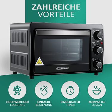 Міні-піч STEINBORG 15 л: піч для піци, випікання та підігріву. Енергоефективна міні-піч з таймером 60 хв.