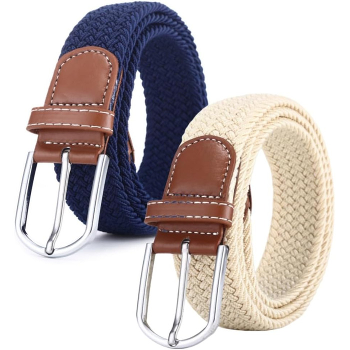 Жінський та чоловічий тканинний ремінь Flintronic, еластичний плетений ремінь, ширина 3.3 см, довжина 107 см (обхват талії 76-115 см), кольори: бежевий+синій