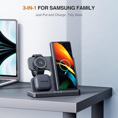 Бездротова зарядка 3-в-1 Samsung: для Galaxy Watch 8/7/6/5/4, Galaxy Buds, Galaxy S26/S25/S24/S23/S22, Z Flip/Fold (Чорний матовий)