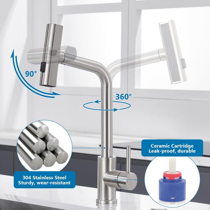 Чорний кухонний змішувач з висувною лійкою, водоспад, високий тиск, 3 режими, 360° поворот, нержавіюча сталь (нікель)