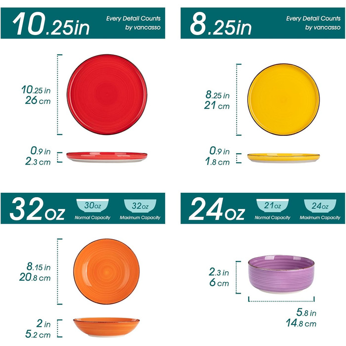 Dinnerware Set for 6, vancasso Bonita 18-Piece Tableware Set made of stoneware, bowl and plate set, round tableware combination set with 6 dinner plates, salad plates, and bowls each