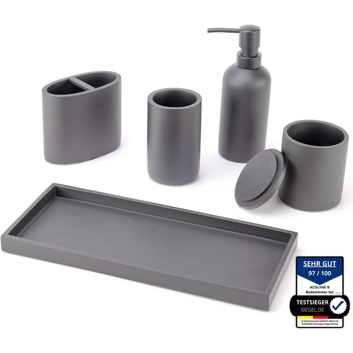Набір аксесуарів для ванної кімнати Acolyne® Premium (5 шт.) з високоякісного гірського воску | Набір дозаторів для мила, органайзер для ванної кімнати, стакан для зубної пасти | Сірий колір