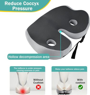 Подушка для сидіння з піною з пам'яті, ергономічна ортопедична подушка для офісного крісла, подушка для сидіння з піною з пам'яті, подушка для куприка з регульованою шириною для офісу/автомобіля, знімає біль в сідниці (темно-сірий)