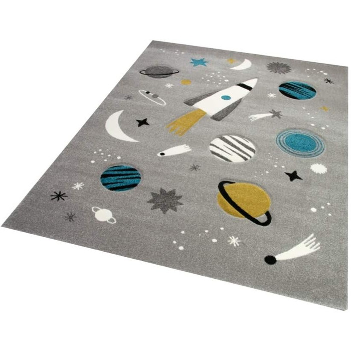 Merino Kids Space Learning Rug with Spaceship, Stars, and Planets in Gray, Size 200 x 290 cm
