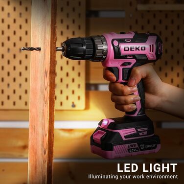 Акумуляторний шурупокрут DEKOPRO 20V 40 Nm: комплект з 2 акумуляторами, LED, 18+1 момент, для дому та DIY, рожевий