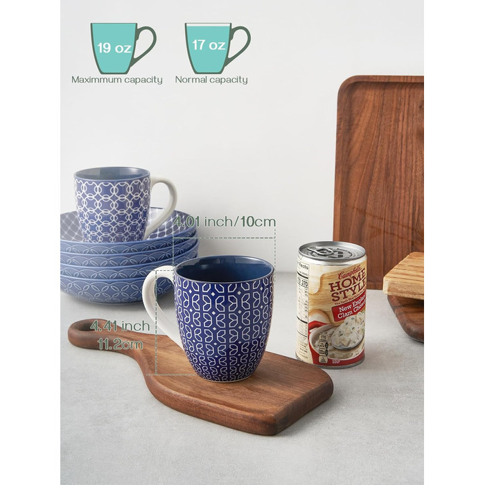 DOWAN Coffee Mug Set, 6 x 560 ml Porcelain Coffee Cups, Large Cups in Chinese Traditional Pattern Style for Coffee, Milk, Tea & Hot Chocolate, Coffee Mug Blue and White