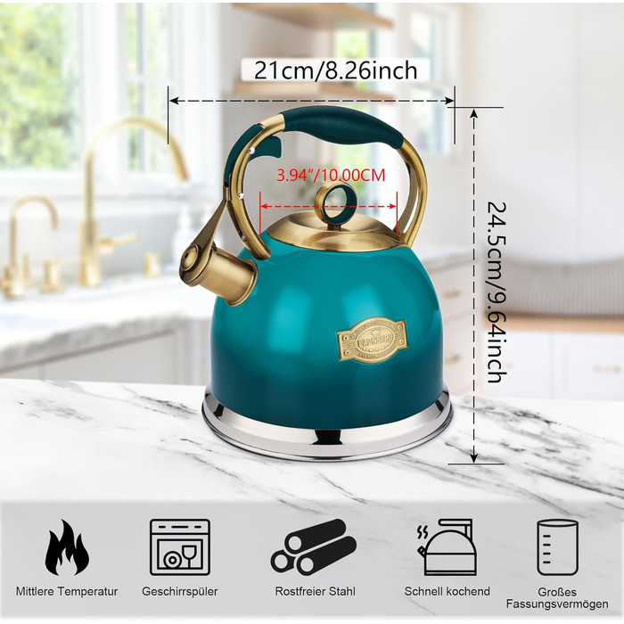 Чайник-свисток 3л з нержавіючої сталі з термостійкою ручкою, для індукційних плит (блакитний)