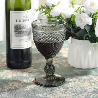 Joeyan 270ml Gray Vintage Wine Glasses with Diamond Relief, Colored Goblet Glasses Wine Goblet Set for Wine Juice Drinks, Set of 4 Retro Drinking Glasses with Stem, Dishwasher Safe
