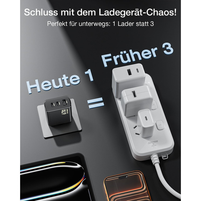 Зарядний пристрій USB-C 67W 3-Port PD PPS для MacBook, iPhone, Samsung Galaxy, iPad, Pixel - Чорний