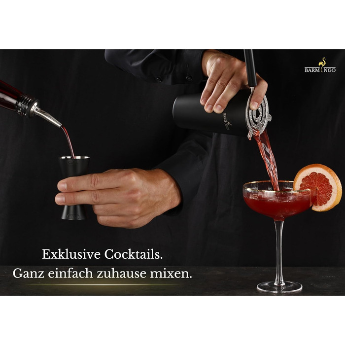 BARMINGO Stainless Steel Cocktail Set - 11 Piece Cocktail Shaker Set with Stand & Bar Accessories | Bartender Set | Cocktail Mixing Set | Bar Set | Gift Set | Black & Silver