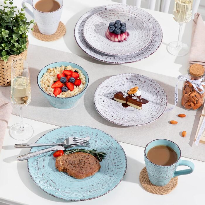 Tableware stoneware, vancasso VINE Ess Geschirrset, 16-piece combination tableware set with 4 dinner plates, cake plates, bowls, and cups each for 4 people, embossed vine design 16-piece tableware set Vine series