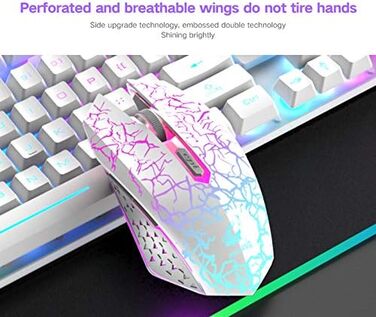 Бездротова клавіатура з підсвічуванням RGB, 2.4G, механічна, 104 клавіші, ігрова + миша 2400 DPI, 6 кнопок, оптична LED, килимок для миші (білий)