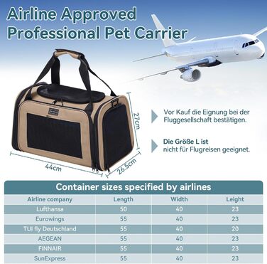 Транспортна переноска для котів та маленьких собак Petsfit, легка сумка-переноска для собак та котів, підходить для подорожей літаком, з ременем безпеки та розширеним килимком, S/Khaki
