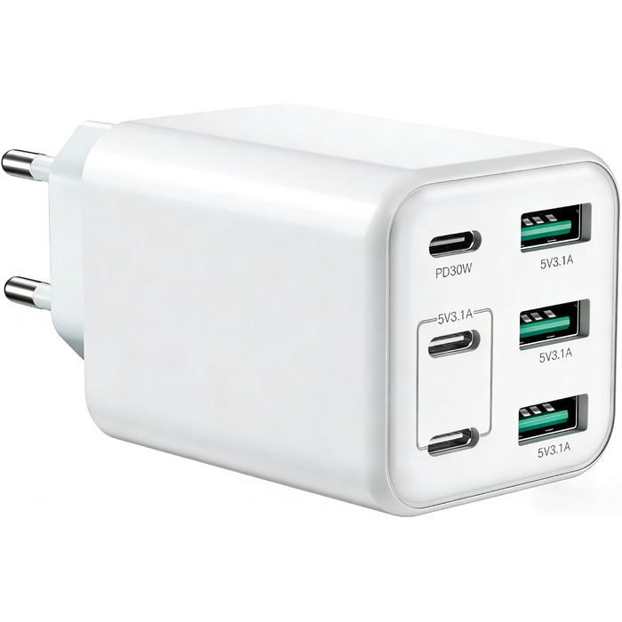 Зарядний пристрій USB-C 60W, 6 портів (3x USB-C, 3x USB-A), PD+QC швидка зарядка, адаптер живлення для iPhone 14/15/16/17, Samsung S24/S23/S22 - Білий
