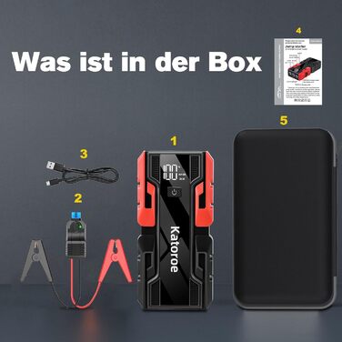Powerbank для автомобіля з пусковим струмом 60000A, бустер акумулятора для бензинових (до 10л) та дизельних (до 8л) двигунів, ліхтарик 400 люмен, 2x USB, червоні кабелі