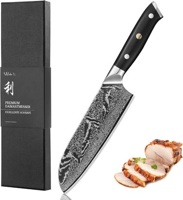 Японський ніж Wakoli Nitoko Santoku 18 см з дамаської сталі (67 шарів) VG10, HRC 60, G10 руків'я, Full Tang, для чистих нарізок, у подарунковій коробці