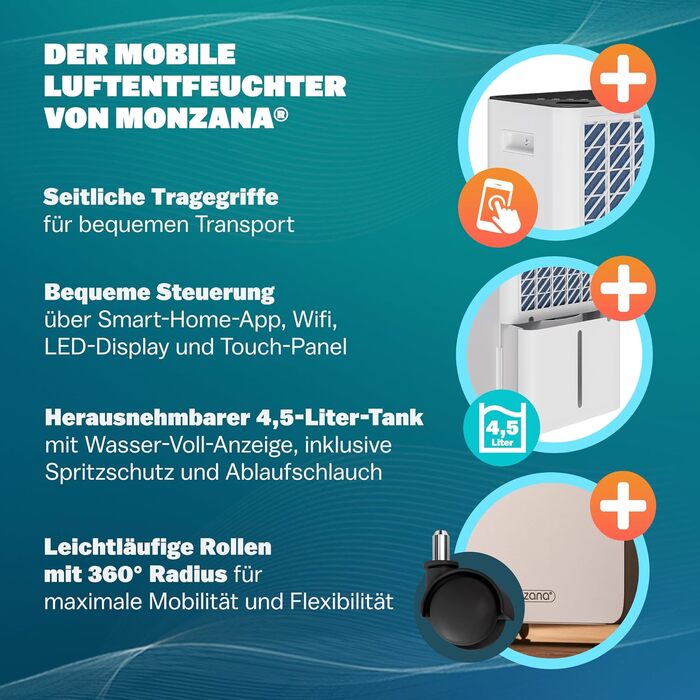 Електричний осушувач повітря MONZANA для дому та ванної кімнати, 20л, з LED-дисплеєм та 24-годинним таймером, очищувач повітря для алергіків