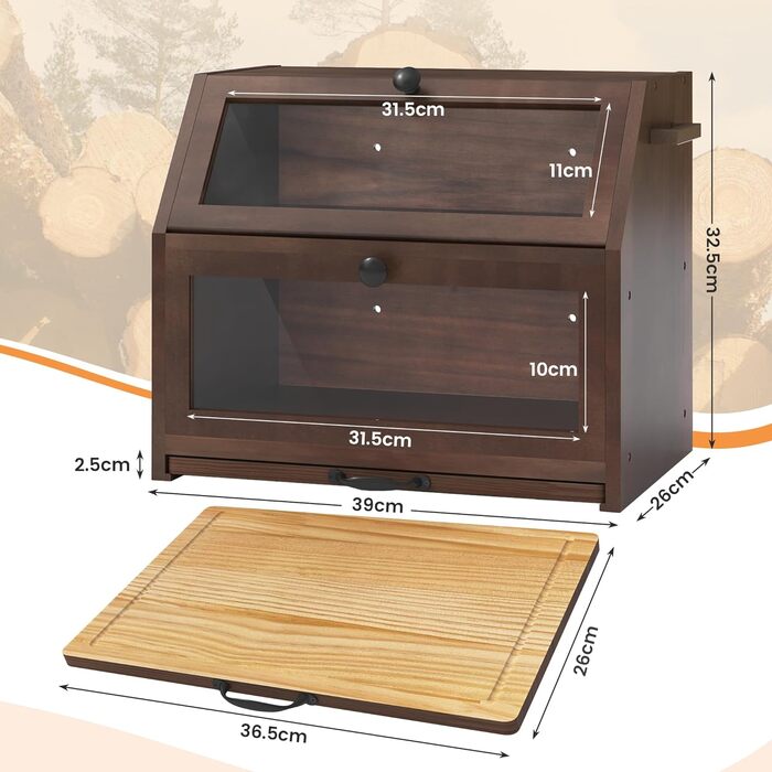 YOUDENOVA Бак для хліба з бамбука Eco, з дощечкою для нарізання, 39x26x32,5 см, коричневий