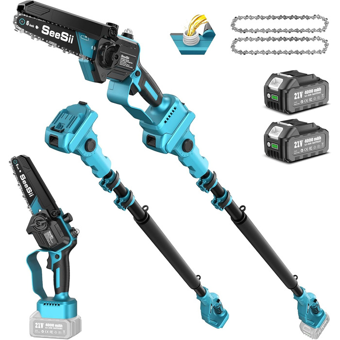 Акумуляторна міні-пила SEESII 6 дюймів (8000mAh) з автоматичною змащенням та запасним ланцюгом - для стрижки гілок та дерева