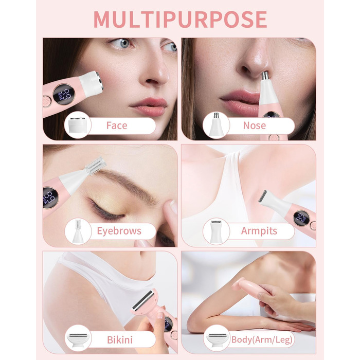 Електричний жіночий тример 5-в-1 для тіла, бікіні, брів та носа, з USB-станцією, білий (рожевий)