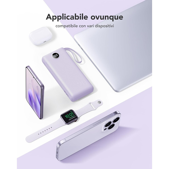Power Bank VRURC 20000mAh з LED дисплеєм, 22,5W швидка зарядка USB-C, білий/фіолетовий