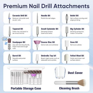Електричний набір для манікюру Nagelfräser: 13 насадок, 5 швидкостей, 35000 обертів/хв, для гелю та акрилу