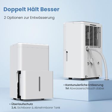 Зволожувач повітря Newentor 25л/день - 270W, для приміщень до 80м², 10 років гарантії, для підвалів, з 2м шлангом, знімний фільтр, таймер