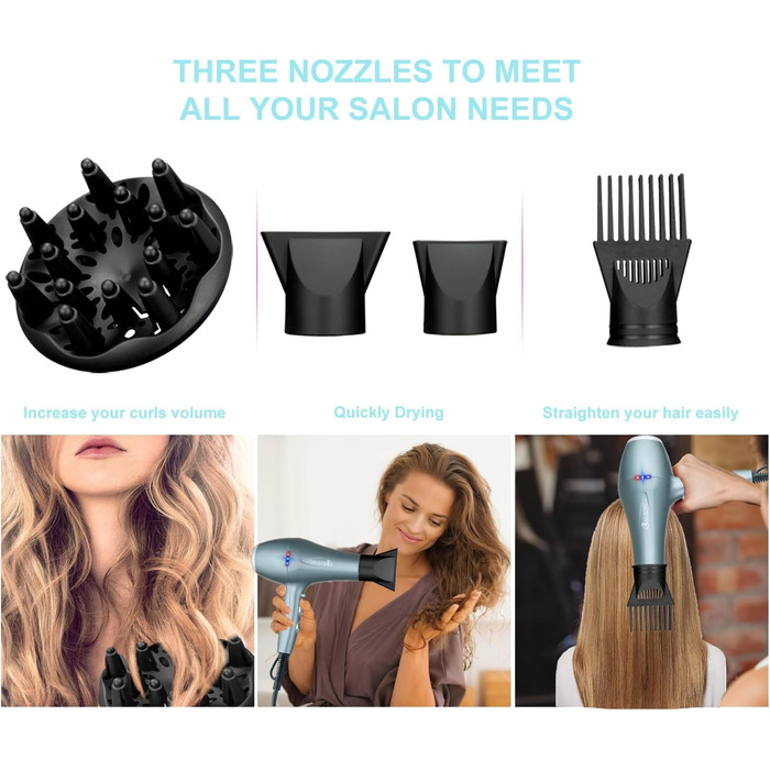 Фен Basuwell Ionen Pro 2100W з дифузором: 3 режими, 2 швидкості, інфрачервовий, AC-двигун (срібний)