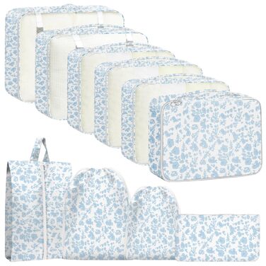 Органайзер для валізи, набір 10 шт. Packing Cubes для подорожей, аксесуари для валізи, органайзери для одягу, косметичка, набір для подорожей (Блакитний квітка)