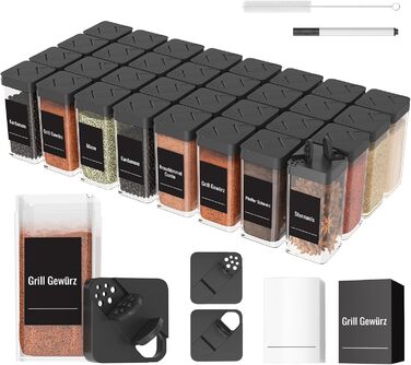 Набір баночок для спецій кутовий 12 шт. 120 мл з кришкою, чорний. Органайзер для спецій, баночки для приправ з дозатором, 36 етикеток