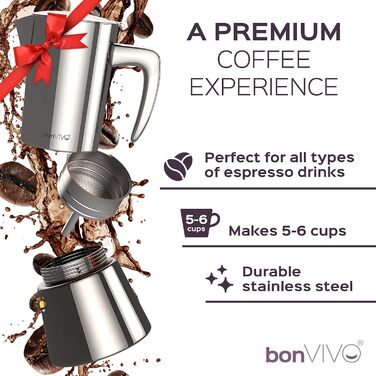 bonVIVO Espresso Maker Induction Compatible - Stainless Steel Coffee Maker in Black Finish w. Water Kettle & Filter - Moka Pot 6 Cups - 300 ml - Christmas Gifts for the Household Black 6 Cups - 300 ml