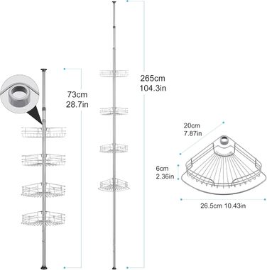 DUFU Кутовий полиця для душу з 4 кошиками, металева, регульована висота 73-265см, без свердління, антиковзаюча, сіра