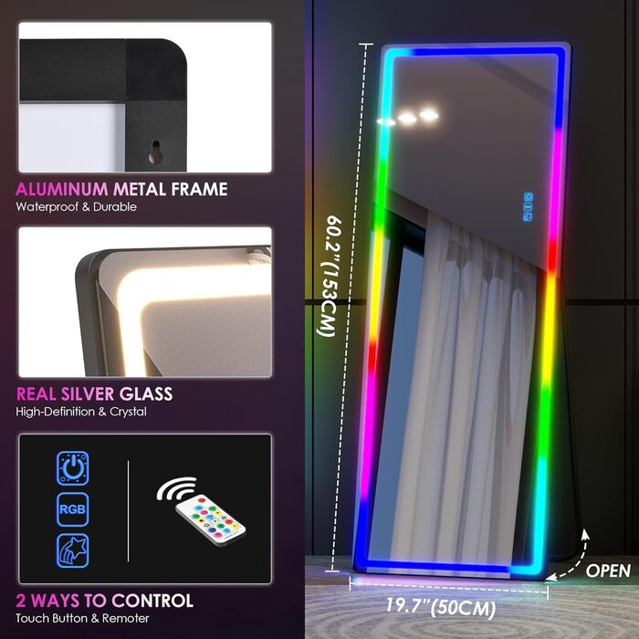 Дзеркало для тіла LVSOMT з підсвіткою, 120x40 см, настінне/на двері, LED, чорне