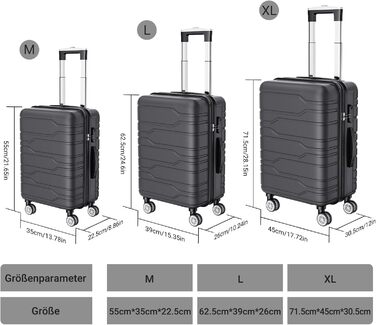 Набір валіз 3 шт., чорний: міцний, легкий, з TSA замком та обертовими колесами 360°
